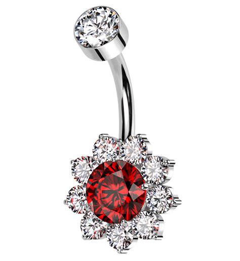 Flora Red Cz Internally Threaded Titanium Belly Button Ring