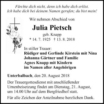 Traueranzeigen Von Julia Pietsch Trauerportal Ihrer Tageszeitung