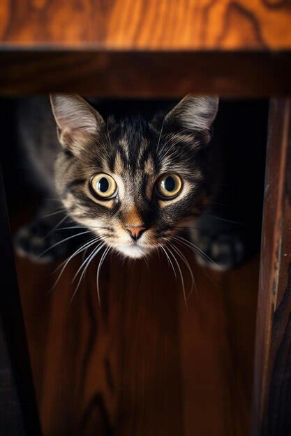 Premium Photo Cute Tabby Cat Looking At Camera Under Wooden Table