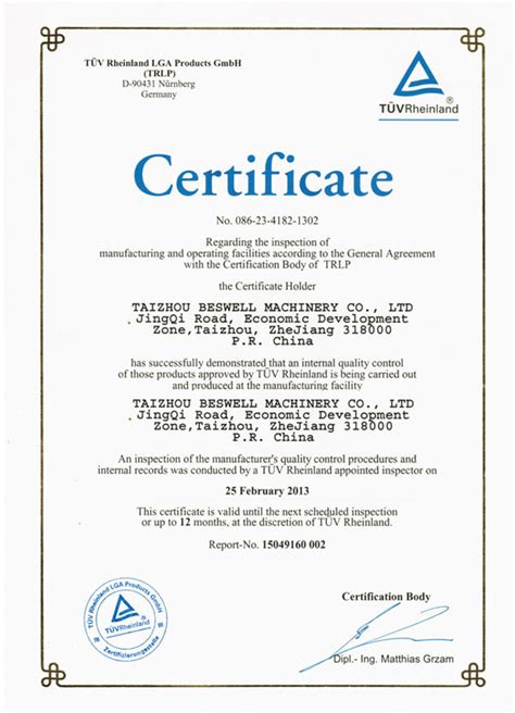 Tuv Factory Inspection Certificate Taizhou Beswell Machinery Co Ltd