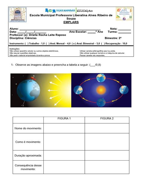 Avaliação Rotação Translação E Estrutura Da Terra 6º Ano Download Grátis Pdf Terra