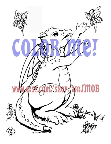 Cute Baby Dragon and Fairy Coloring Page Printable Instant Download - Etsy