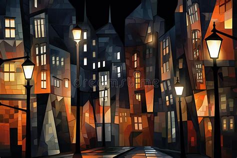 Night City Street with Lanterns, Illustration in Cartoon Style Stock ...