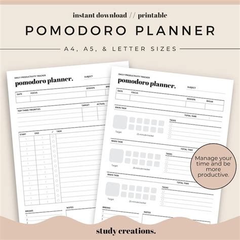 Pomodoro Technique Planner Printable Study Session Planner Etsy