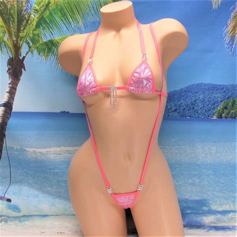 Mini Micro Slingshot Bikini W Rhinestones Pink Holographic Etsy