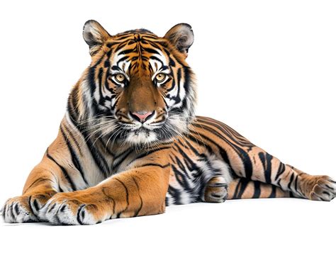 Bengal Tiger Lying Down Isolated On A White Background Stock