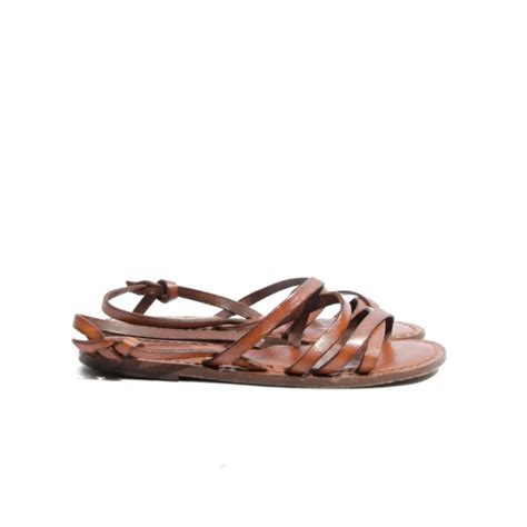 Women's Brown Leather Sandals Strappy Slingback Flats by