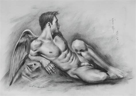 Original Drawing Sketch Charcoal Chalk Angel Of Male Nude Gay Man Art