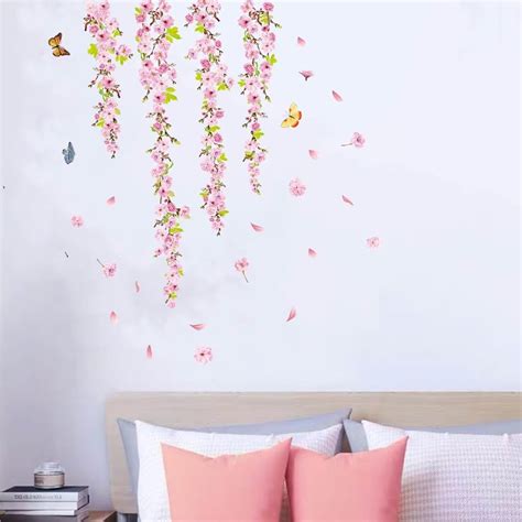 Anfigure Pink Blossom Flower Wall Stickers Hanging Vine Wall Decals