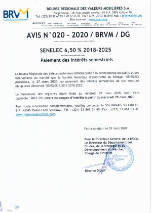 Avis N020 2020 BRVM DG Paiement des intérêts semestriels SENELEC 6