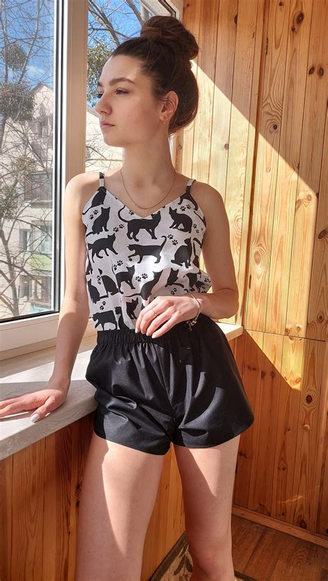 Kitten Pajama Set Black Shorts Organic Cotton Handmade Etsy