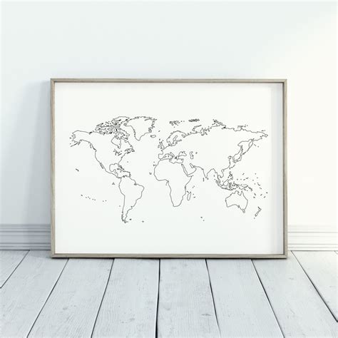 Black and White Outline World Map Wall Art - Etsy