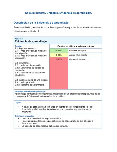 Instrucciones Para Evidencia De Aprendizaje C Lculo Integral Unidad