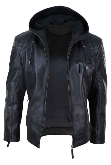 Mens Hooded Biker Leather Jacket Black Buy Online Happy Gentleman