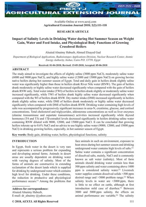 Impact Of Salinity Levels In Drinking Water During Hot Summer Season On