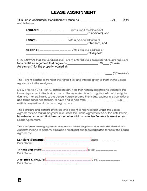 Free Assignment Of Lease Form Pdf Word Eforms