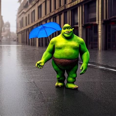 Krea Shrek Walking On The Street While Holding An Umbrella On A Rainy