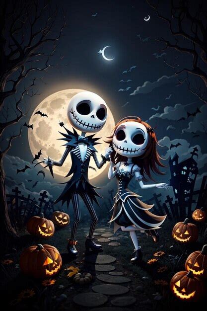 Premium AI Image | Jack and Sally dancing in the halloween night