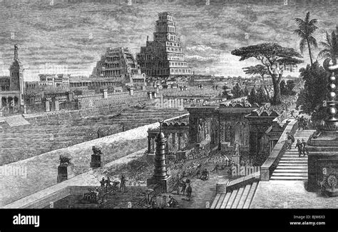 ancient world, Babylon, city view, reconstruction, wood engraving, 1893 ...