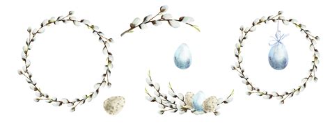 Aquarell Frühling Ostern einstellen bestehen von Weide Zweig Blau und