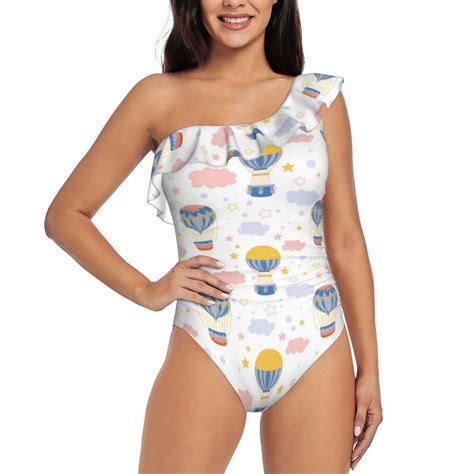 Cauagu Hot Air Balloon Print Women S Sexy One Piece Swimsuits One Shoulder Ruffle Tummy Control
