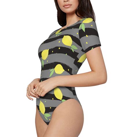 Uemuo Lemon Pattern Womens One Piece Short Sleeve Swimsuit Rash Guard