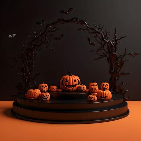 Premium Ai Image Halloween Background With Pumpkins On Podium D