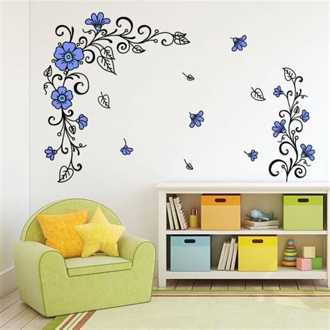 Stickers Muraux Fleurs Bleues Branches De Vigne Autocollants Muraux