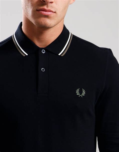 Fred Perry Long Sleeve Twin Tipped Polo Shirt Black Ecru Terraces