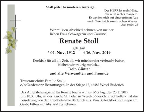 Traueranzeigen Von Renate Stoll Trauer In NRW De