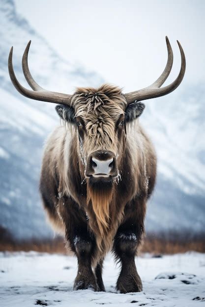 Premium Photo | A yak with long horns standing in the snow