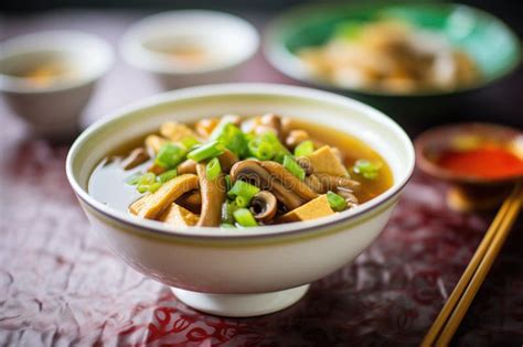 Hot And Sour Soup With Tofu And Mushrooms Visible Stock Photo Image