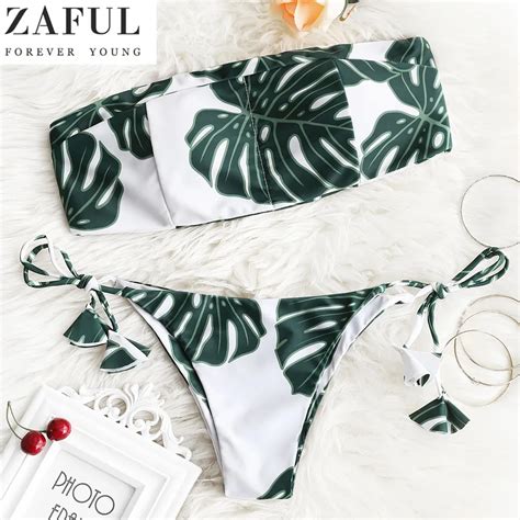 ZAFUL Women Bikini Sexy Palm Leaf Print Bandeau Bikini Set Summer Beach Swimwear Push Up Padded