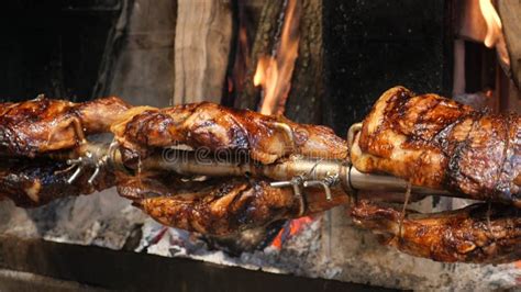 Grilled Roasted Mutton Meat On Spit At Street Food Market Stock Footage