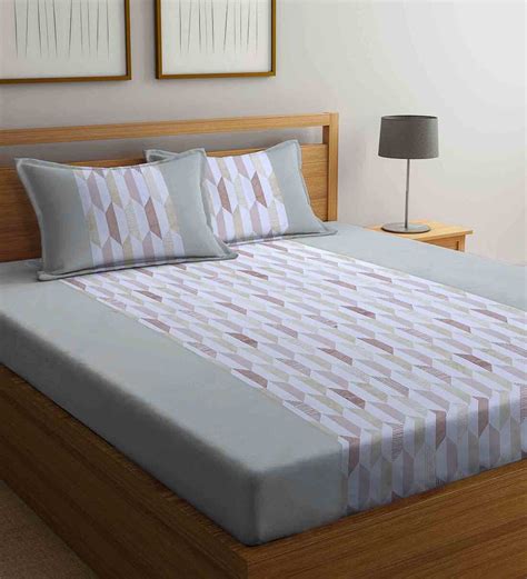 Buy Beige Geometric 210 Tc Cotton Queen Sized Bed Sheets With 2 Pillow