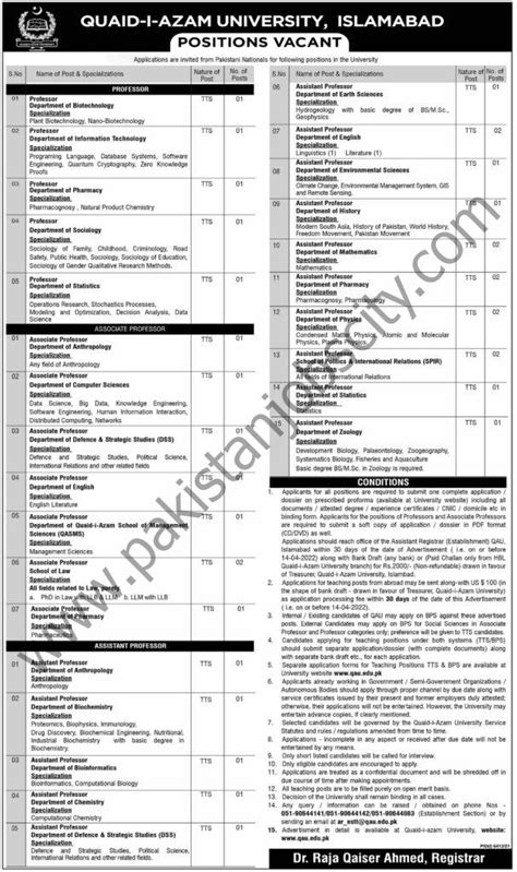 Quaid I Azam University Jobs March 2022