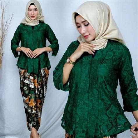 Jual Setelan Kebaya Modern Kutu Baru Brokat Floy Hijau Botol Dan Warna