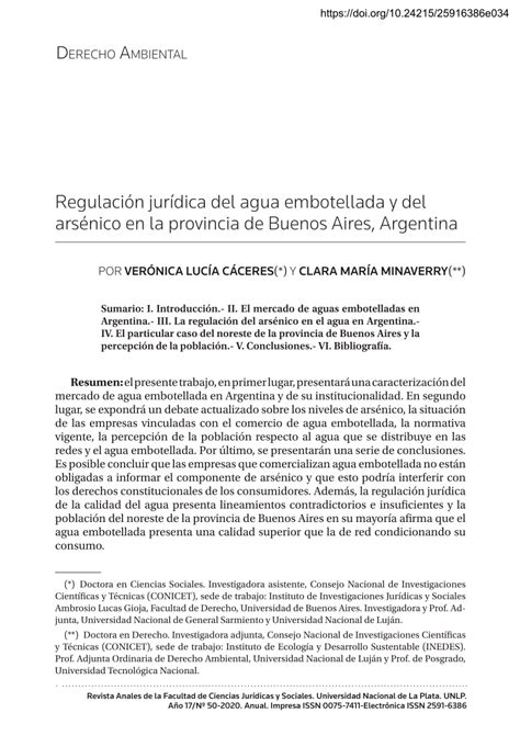 Pdf Regulaci N Jur Dica Del Agua Embotellada Y Del Ars Nico En La