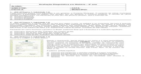 Avalia O Diagn Stica Em Hist Ria Ano Aluno Bimestre Pdf