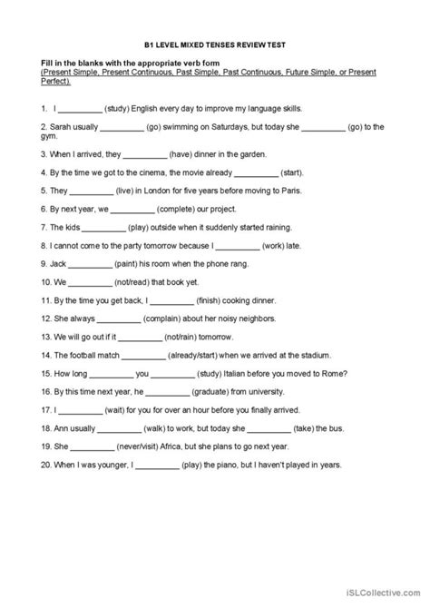 B Level Mixed Tenses Review Test Wi English Esl Worksheets Pdf