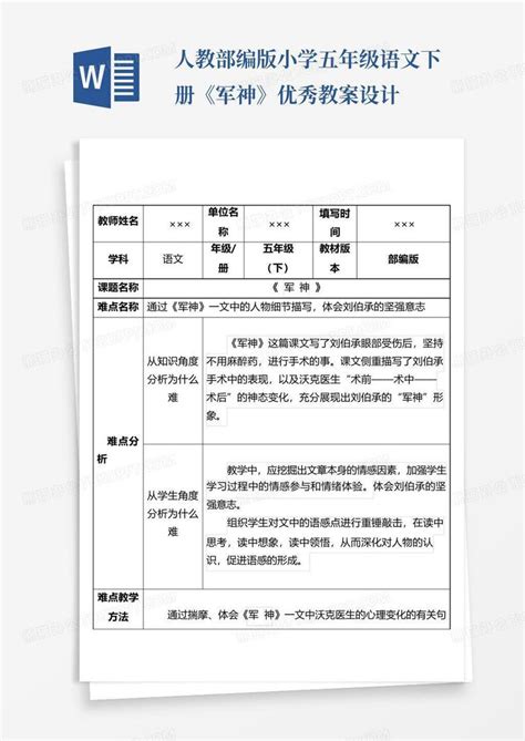 人教部编版小学五年级语文下册《军神》优秀教案设计word模板下载编号lgmmwbmb熊猫办公