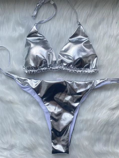 Metallic Sommer Dreieck Halfter Badeanzug Strand Tragen Frauen Sexy Tanga Bikini Set Silber Gold