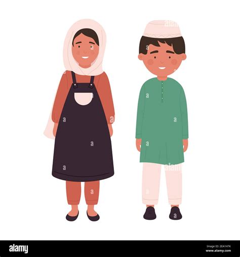 Muslim kids vector illustration. Cartoon arab cute boy girl in hijab, traditional clothes ...