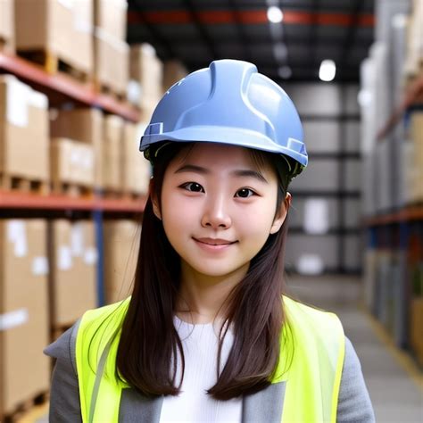 Premium Photo A Woman Wearing A Blue Hard Hat Stands In A Warehouse