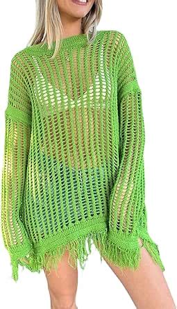 Crochet Swim Cover Up For Women Sexy Hollow Out Long Sleeve Beach Coverups Bikini Loose Top Plus