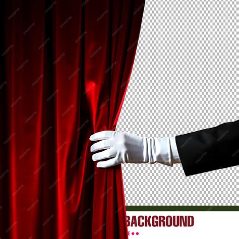Red Curtain Opening with Gloved Hand on Transparent Background