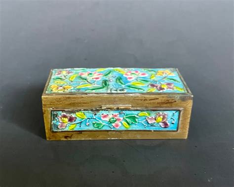 Antique Chinese Enamel On Brass Box Stamp Floral Vintage China Brass