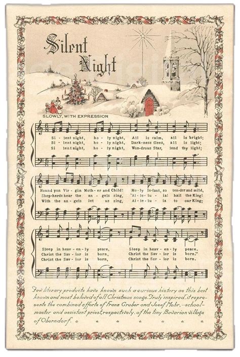 Silent Night Printable Vintage Christmas Hymn Carol Sheet Music Color