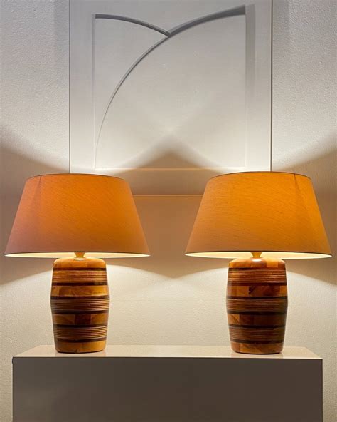 I M T Italy Lampada Da Tavolo Legno Ottone Tessuto Un Set Di