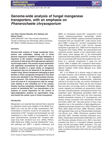 (PDF) Genome-wide analysis of fungal manganese transporters, with an emphasis on Phanerochaete ...